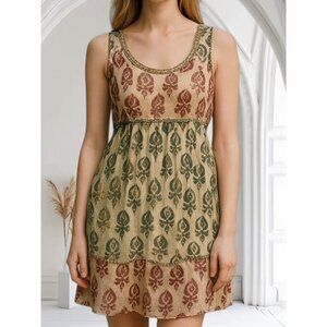 NEW Defects Free People Shimmering Champagne Paisley Mini Dress Sz 4 Green Red